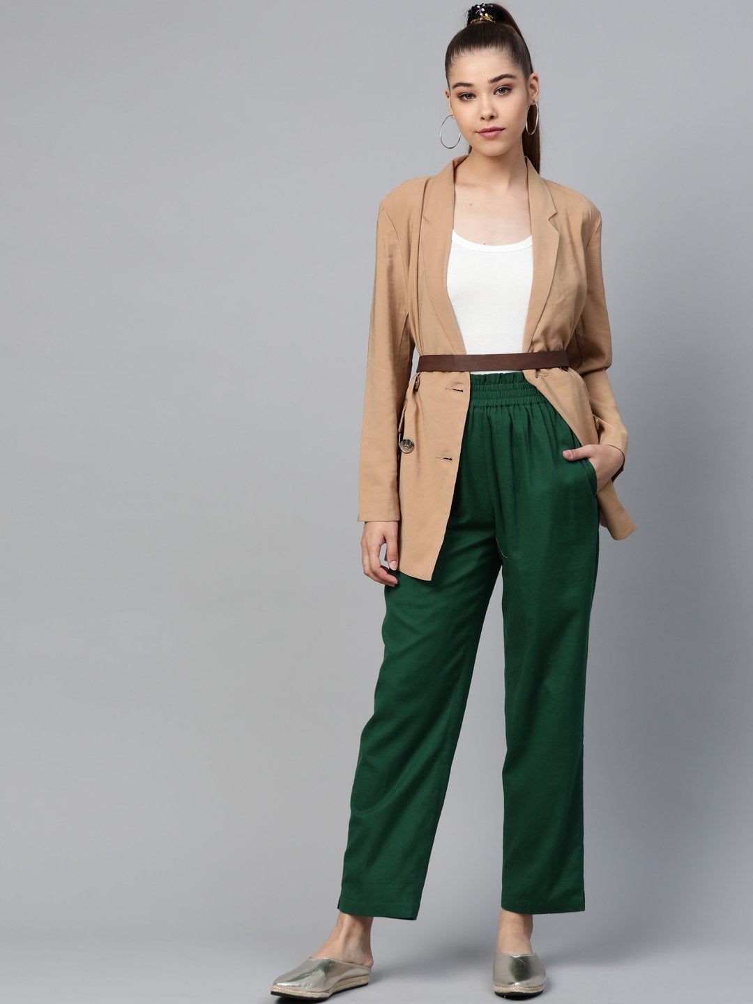 Women's Green Paperbag Tapered Pants