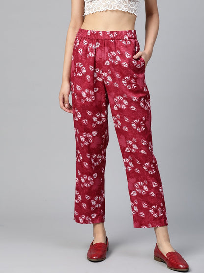 Women's Red Tie & Dye Floral Tapered Pants