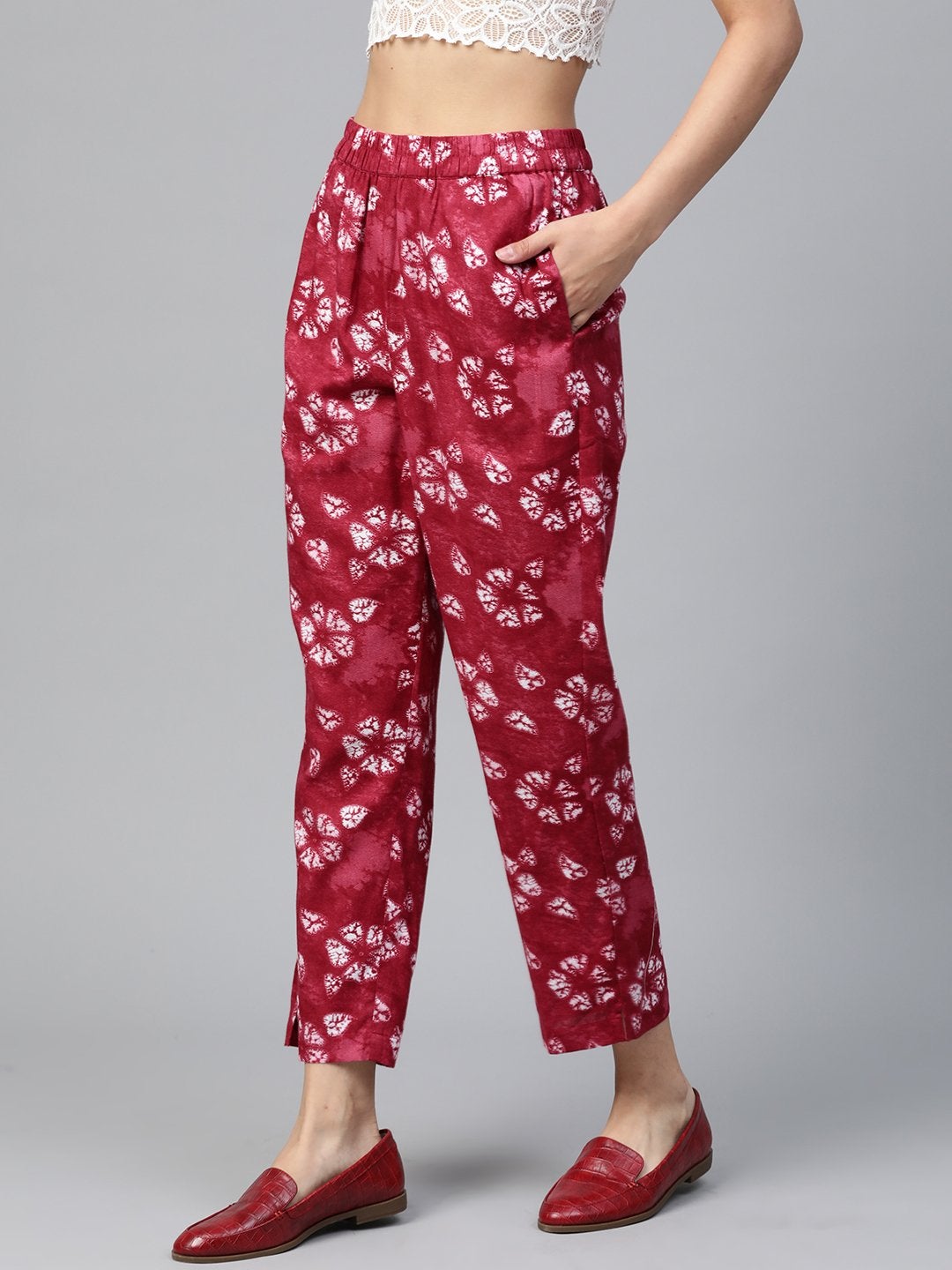 Women's Red Tie & Dye Floral Tapered Pants