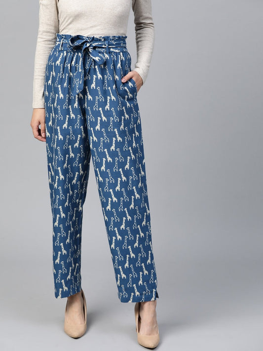 Women's Blue Giraffe Print Paper Bag Pants