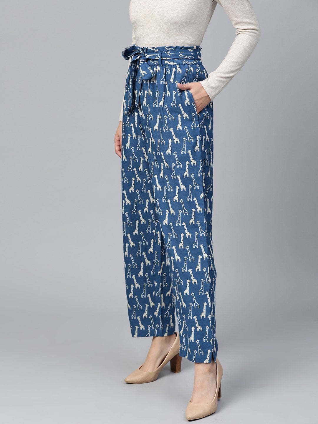 Women's Blue Giraffe Print Paper Bag Pants