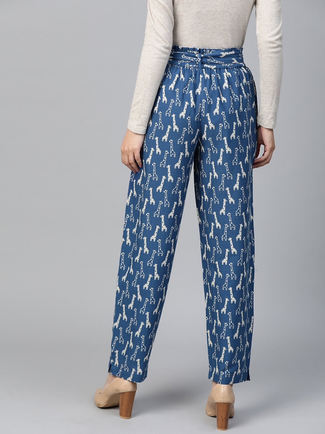 Women's Blue Giraffe Print Paper Bag Pants