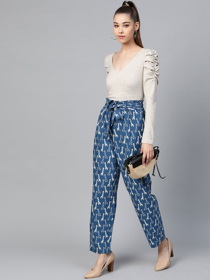 Women's Blue Giraffe Print Paper Bag Pants