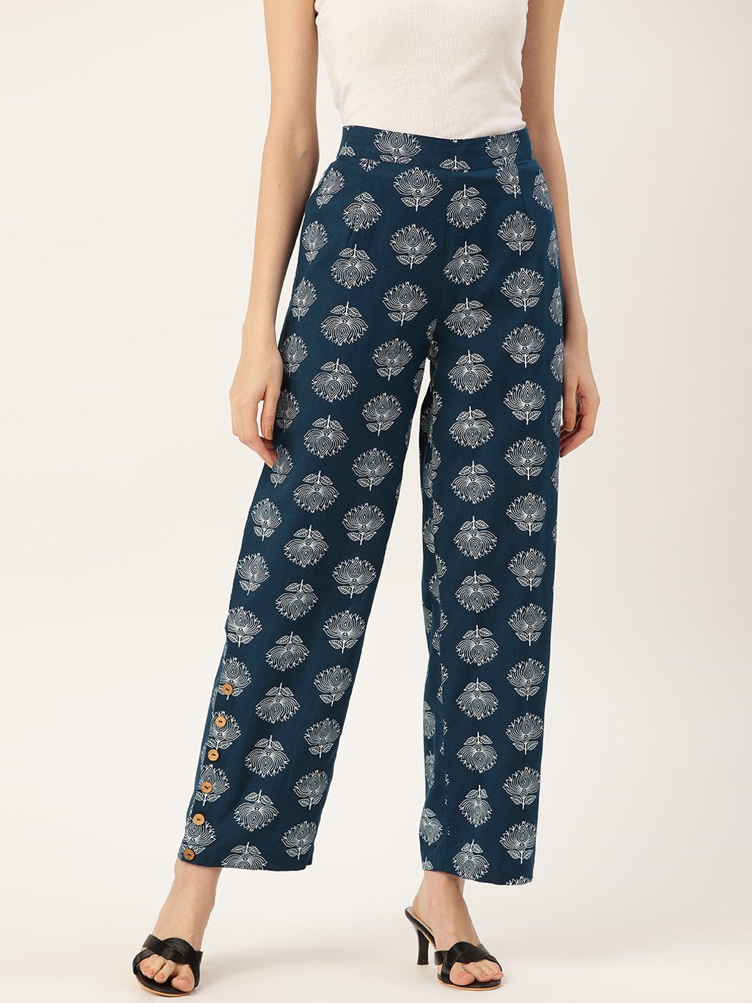 Women's Navy Lotus Print Side Button Pants
