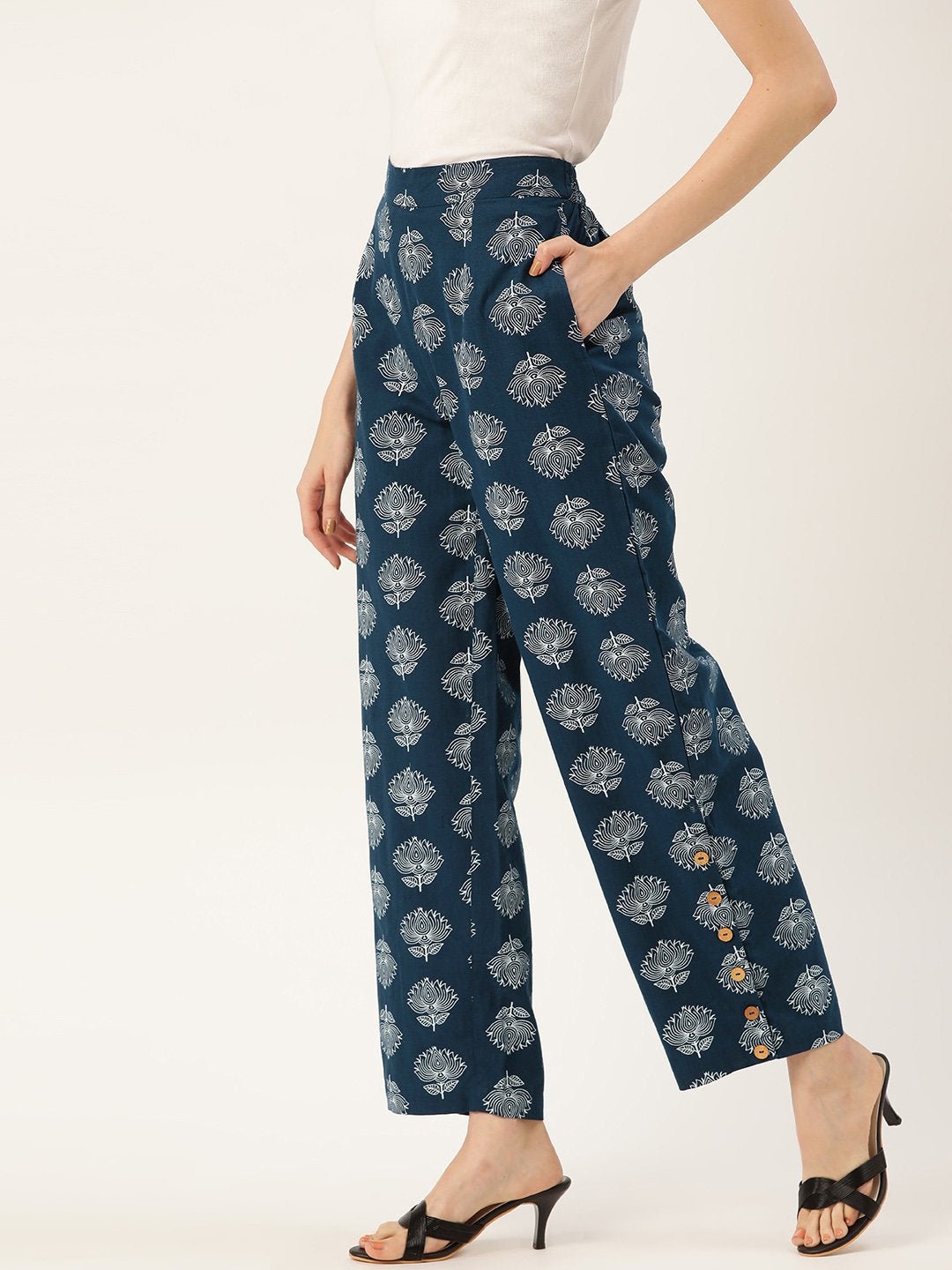 Women's Navy Lotus Print Side Button Pants