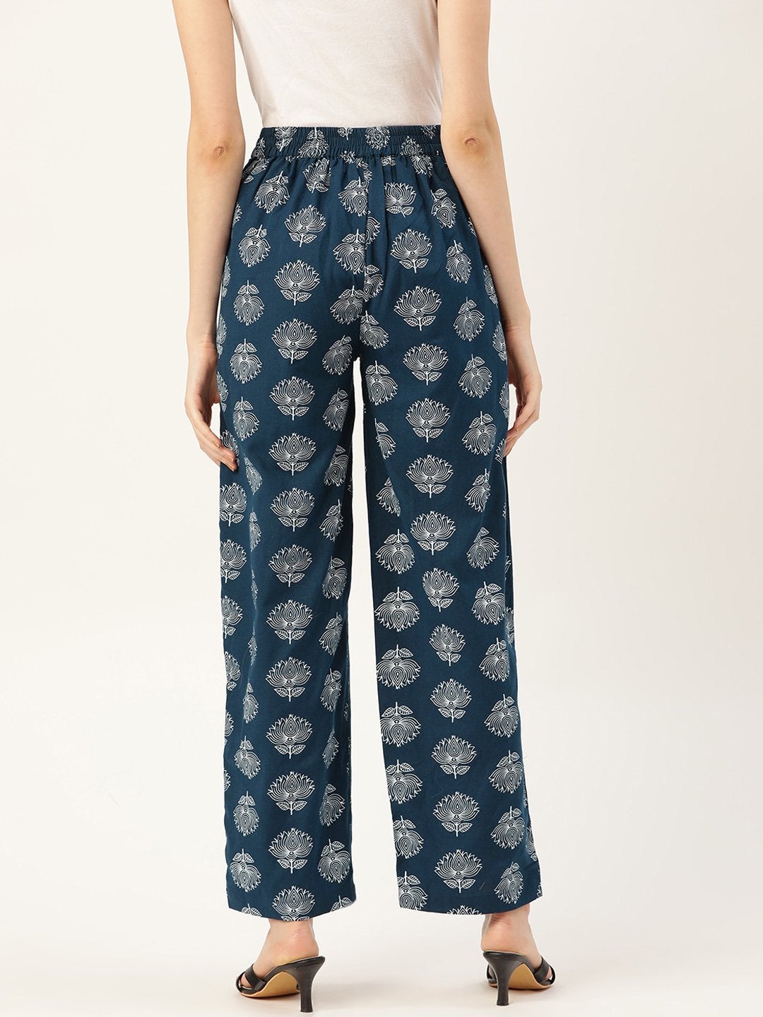 Women's Navy Lotus Print Side Button Pants