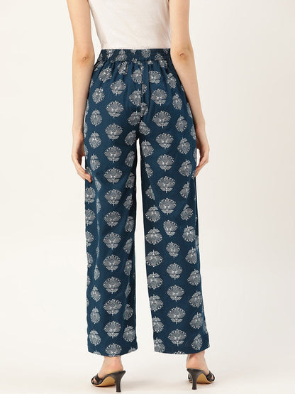 Women's Navy Lotus Print Side Button Pants