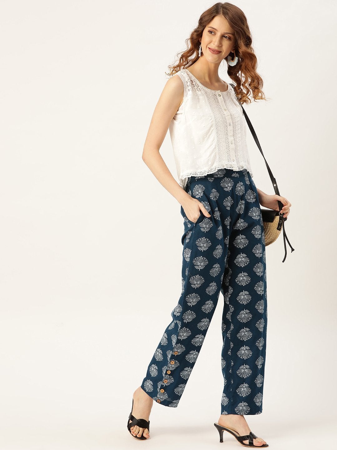 Women's Navy Lotus Print Side Button Pants