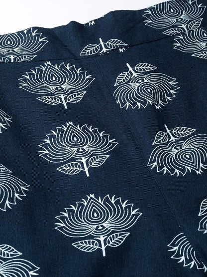 Women's Navy Lotus Print Side Button Pants
