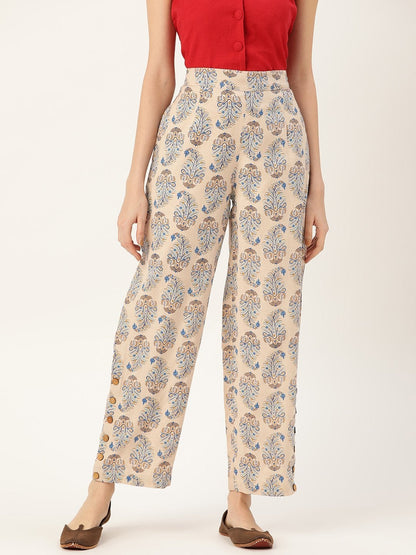 Women's Beige Paisely Side Button Pants