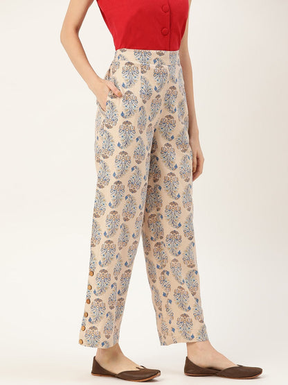 Women's Beige Paisely Side Button Pants
