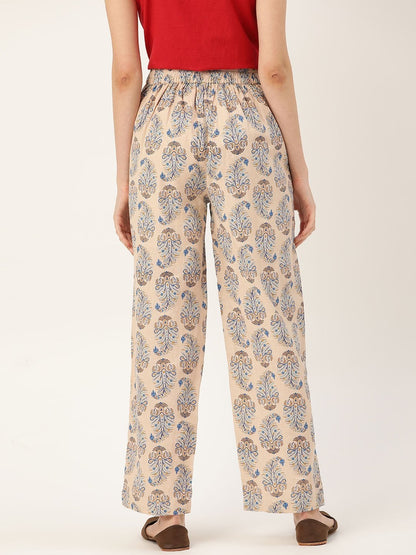 Women's Beige Paisely Side Button Pants
