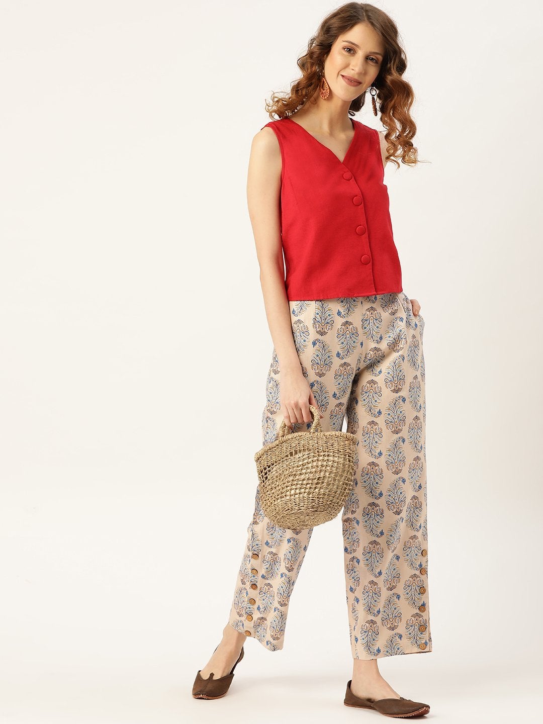 Women's Beige Paisely Side Button Pants