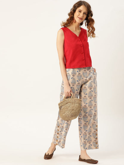 Women's Beige Paisely Side Button Pants