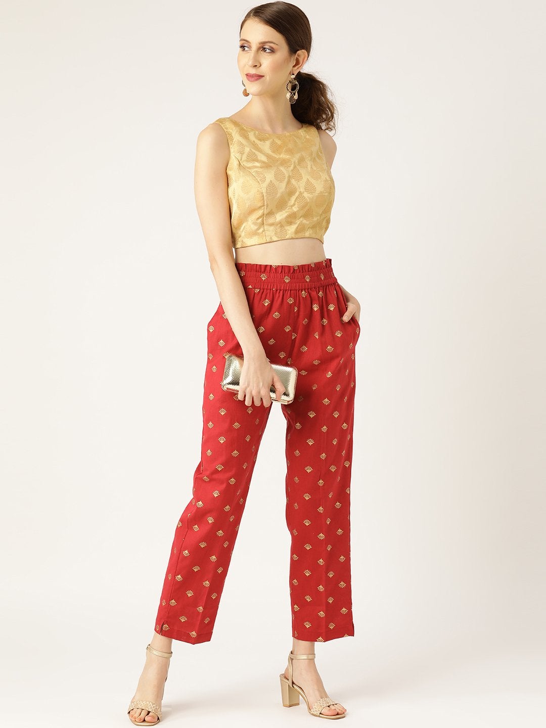 Women's Maroon Small Booti Foil Tapered Pants