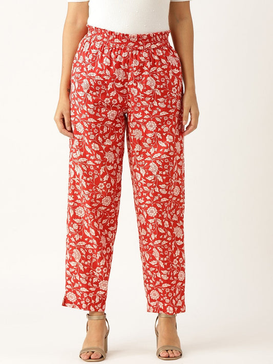 Women's Red Floral Paperbag Tapered Pants