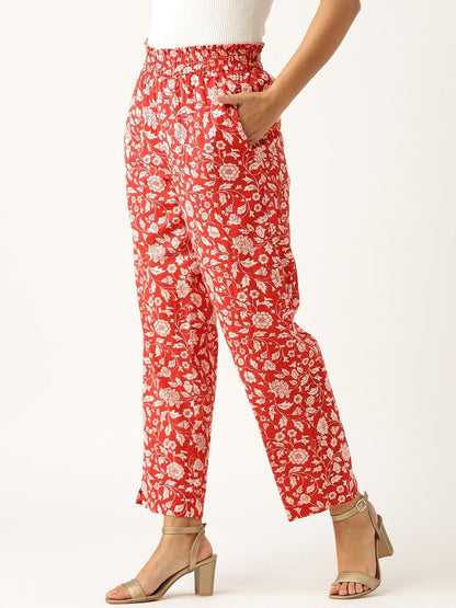 Women's Red Floral Paperbag Tapered Pants