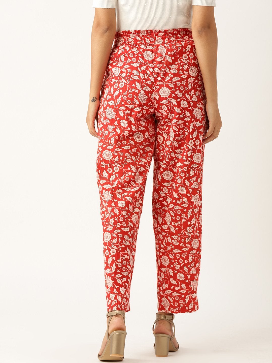 Women's Red Floral Paperbag Tapered Pants