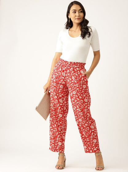 Women's Red Floral Paperbag Tapered Pants