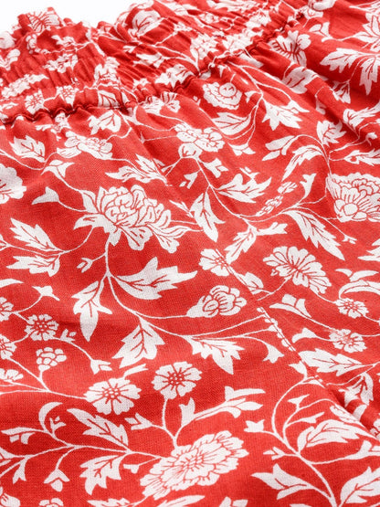 Women's Red Floral Paperbag Tapered Pants