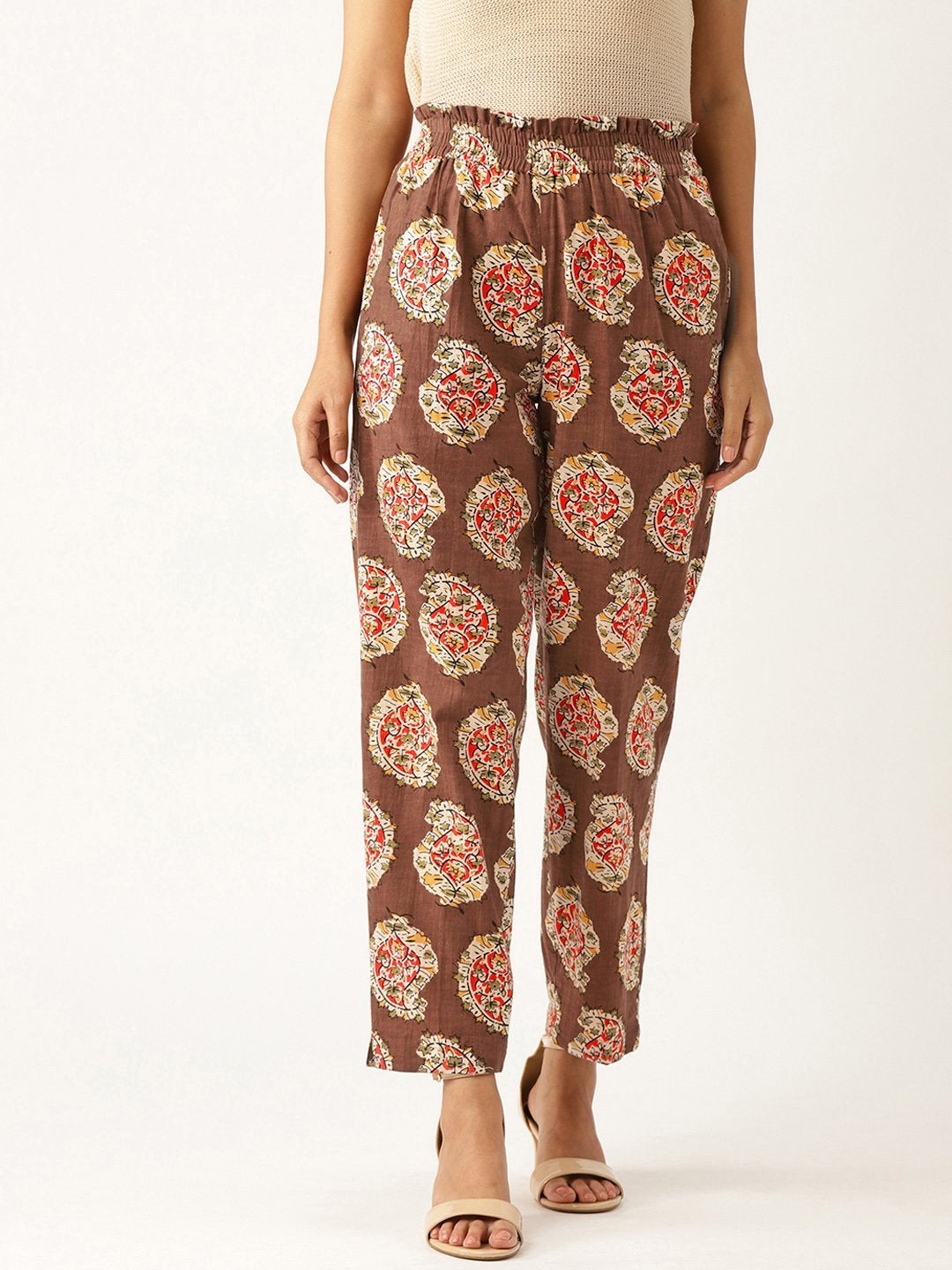 Women's Brown Paisely Paperbag Tapered Pants