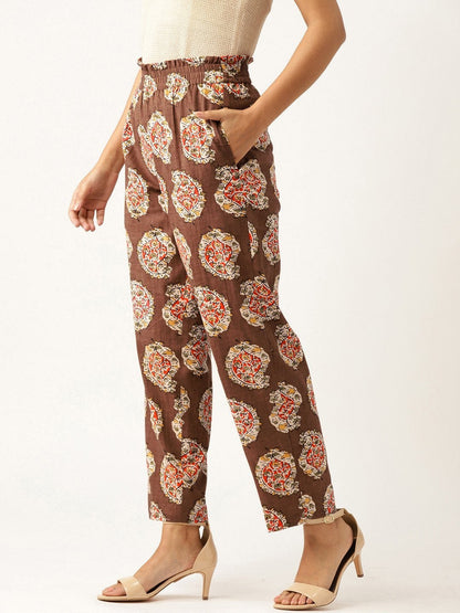 Women's Brown Paisely Paperbag Tapered Pants