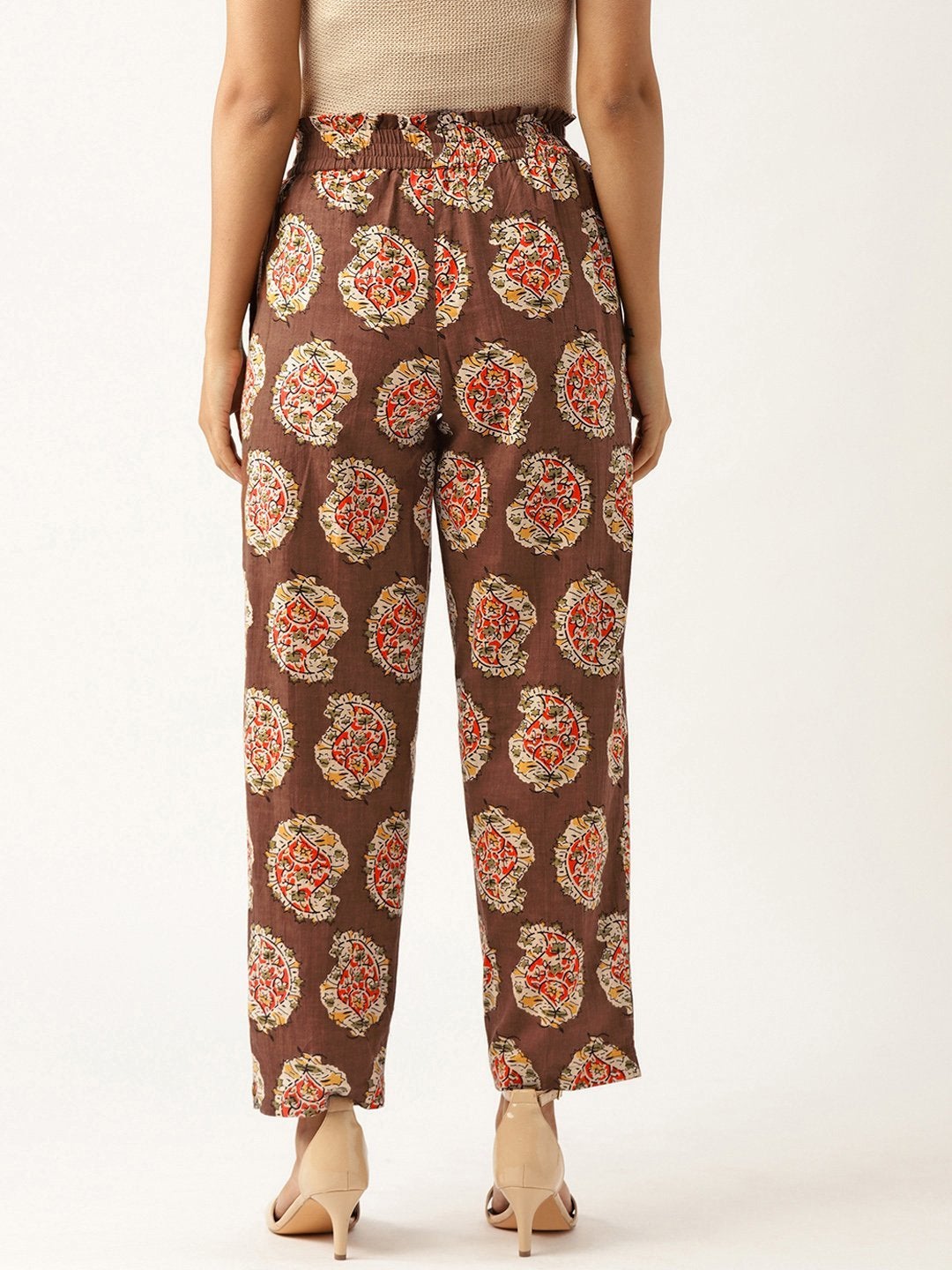 Women's Brown Paisely Paperbag Tapered Pants