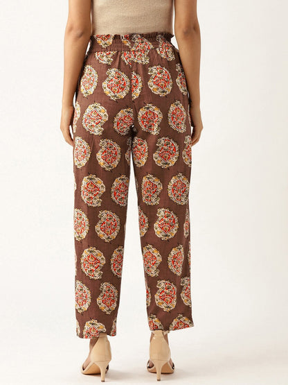 Women's Brown Paisely Paperbag Tapered Pants