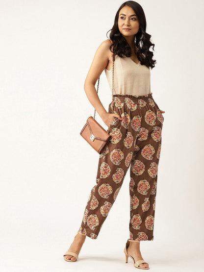 Women's Brown Paisely Paperbag Tapered Pants