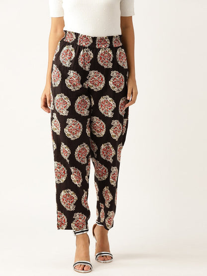 Women's Black Paisely Paperbag Tapered Pants