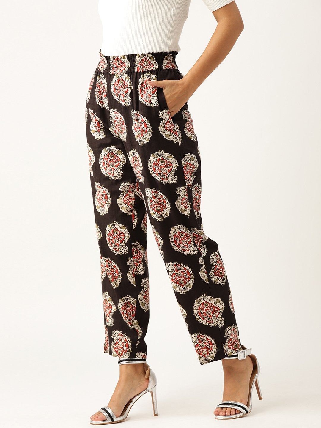 Women's Black Paisely Paperbag Tapered Pants