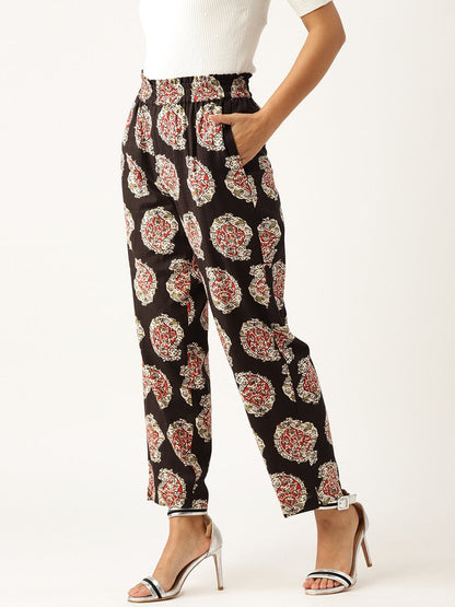 Women's Black Paisely Paperbag Tapered Pants