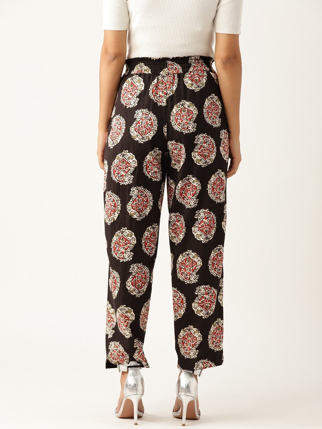 Women's Black Paisely Paperbag Tapered Pants