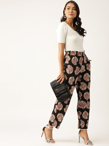 Women's Black Paisely Paperbag Tapered Pants