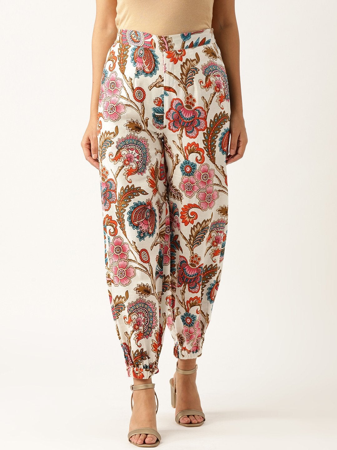 Women's Off White Floral Cuffed Pants