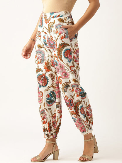 Women's Off White Floral Cuffed Pants