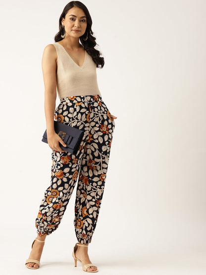 Women's Navy Floral Cuffed Pants