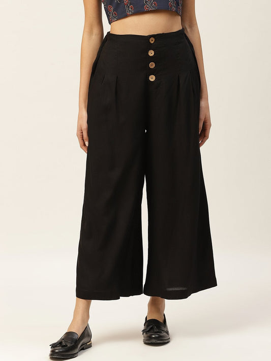 Women's Black Front Button Pleated Culottes