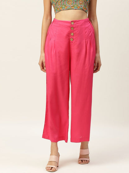 Women's Fuchsia Front Button Pleated Culottes