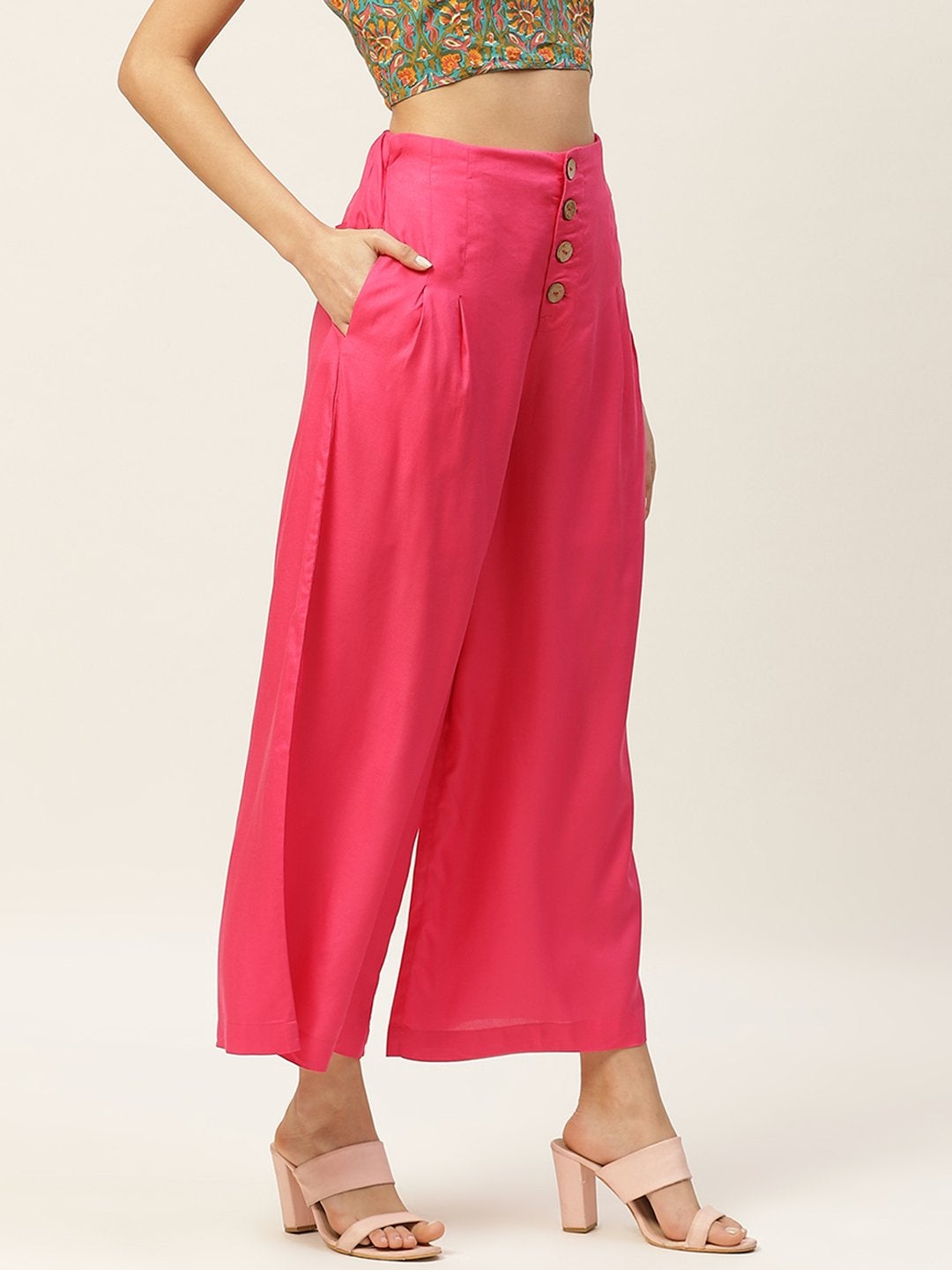 Women's Fuchsia Front Button Pleated Culottes