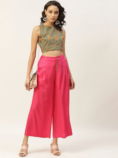 Women's Fuchsia Front Button Pleated Culottes