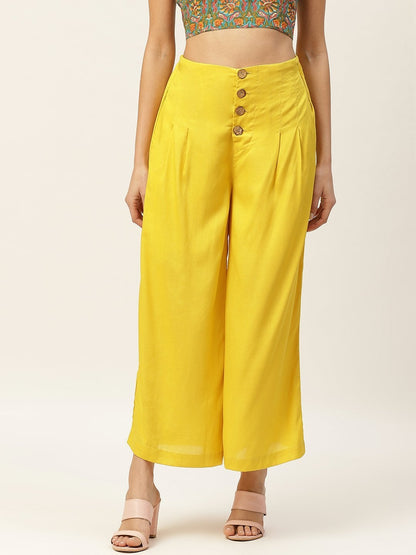Women's Yellow Front Button Pleated Culottes