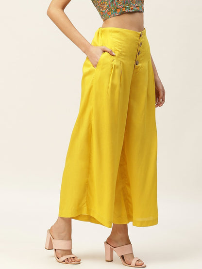 Women's Yellow Front Button Pleated Culottes