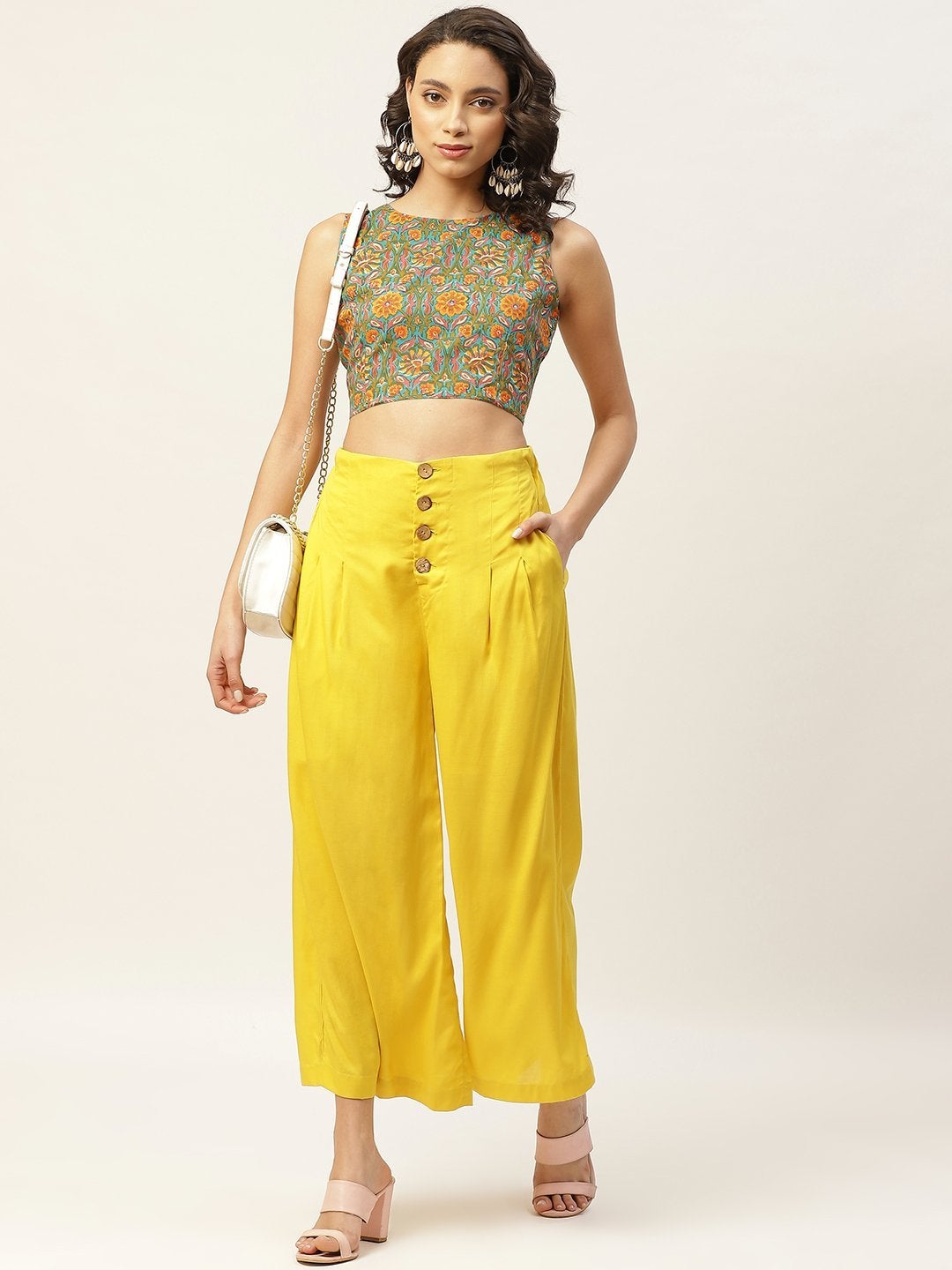 Women's Yellow Front Button Pleated Culottes
