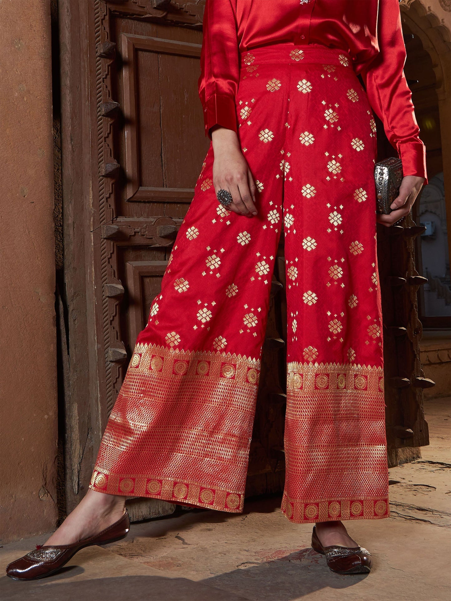 Women's Red Brocade Jacquard Palazzos