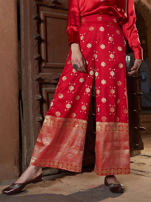 Women's Red Brocade Jacquard Palazzos