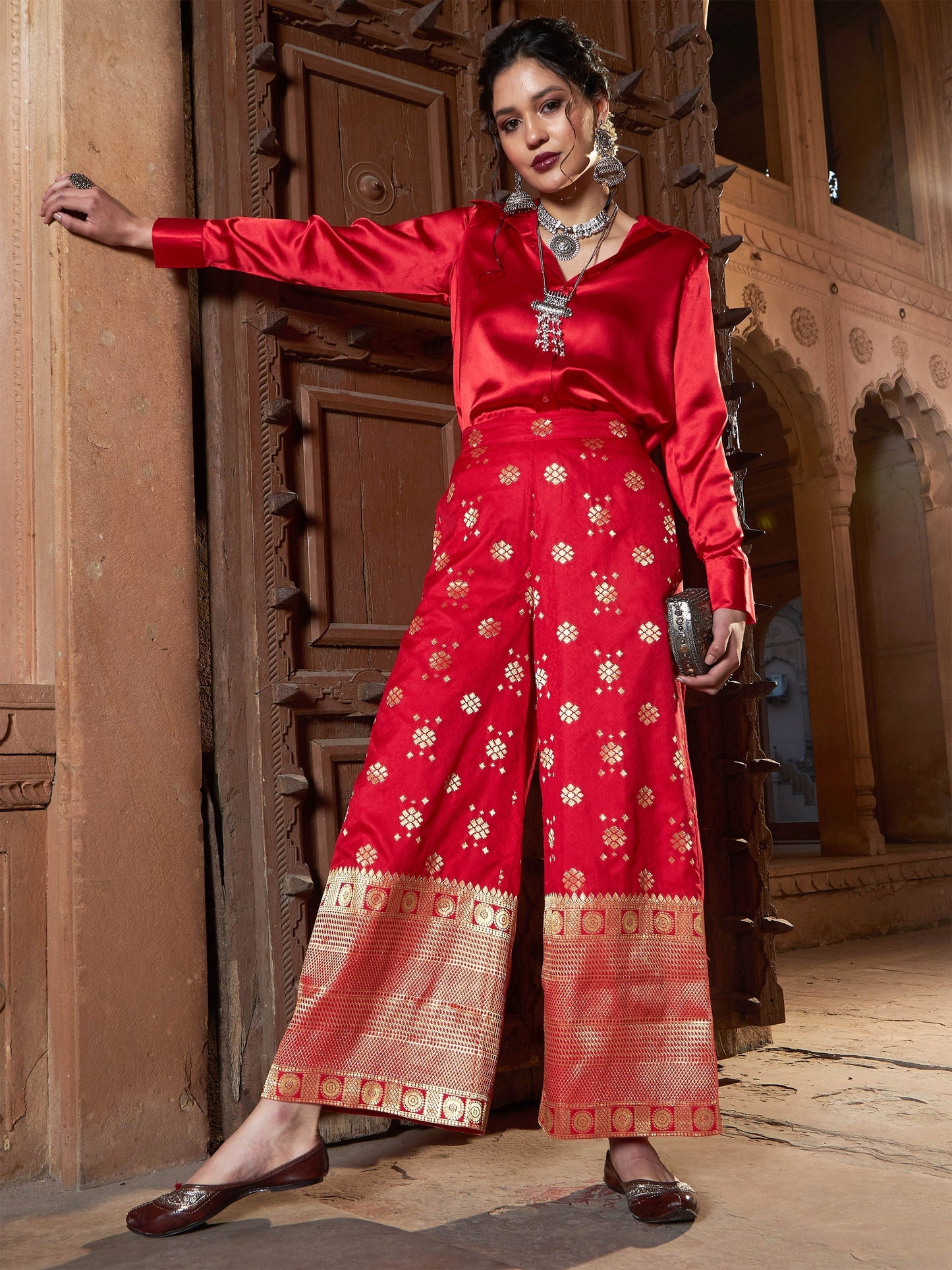 Women's Red Brocade Jacquard Palazzos