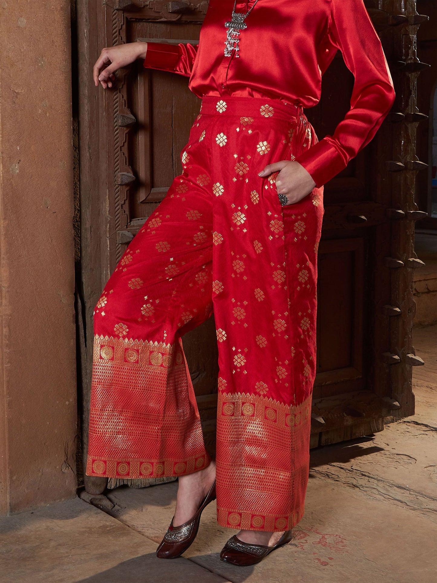 Women's Red Brocade Jacquard Palazzos