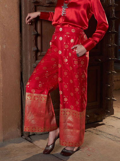 Women's Red Brocade Jacquard Palazzos