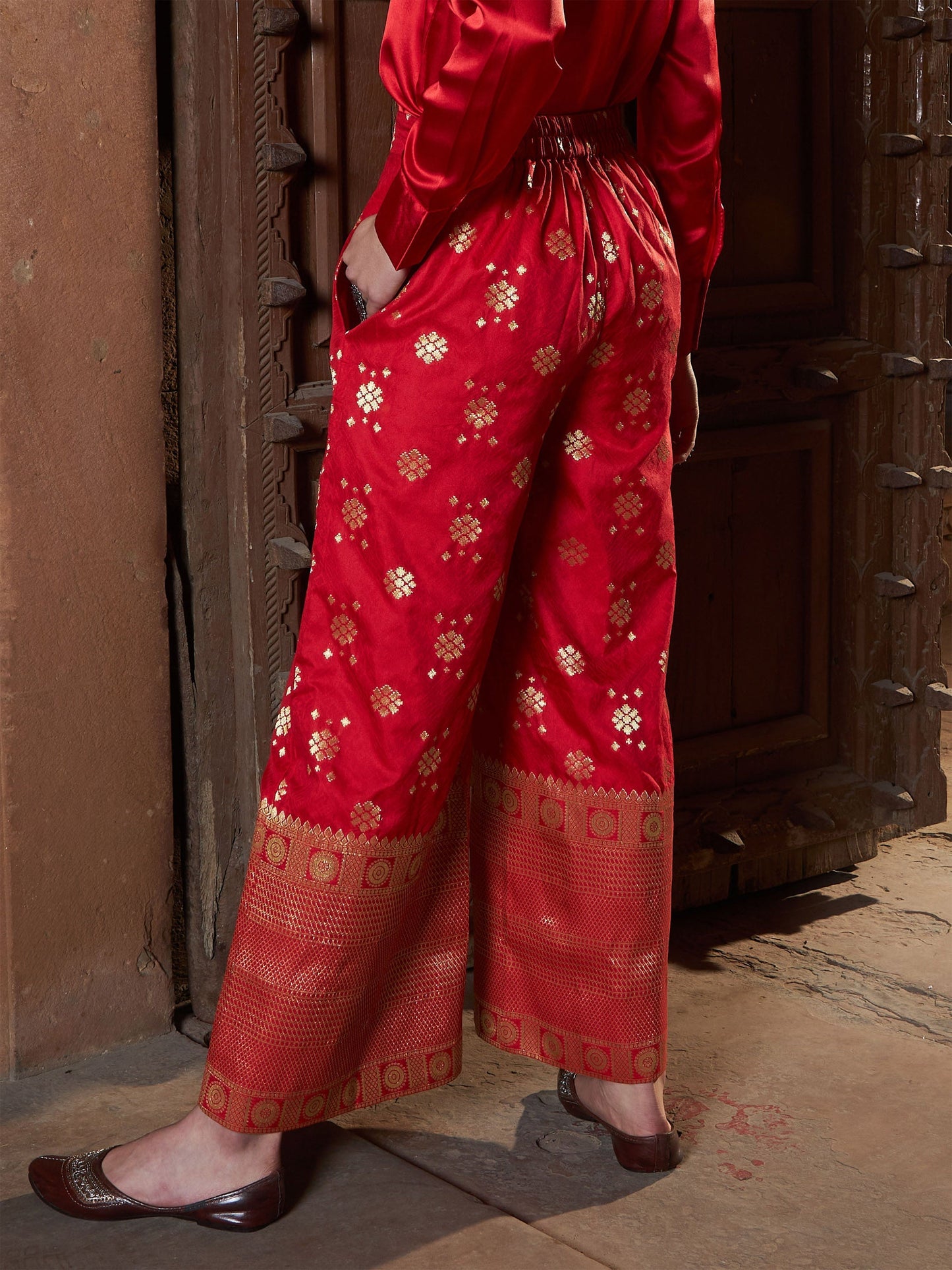 Women's Red Brocade Jacquard Palazzos